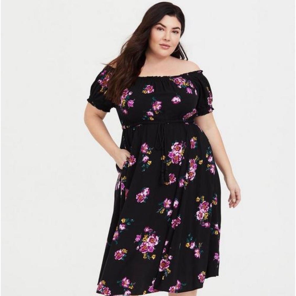 Torrid Off Shoulder Black and Pink Floral Midi Dress